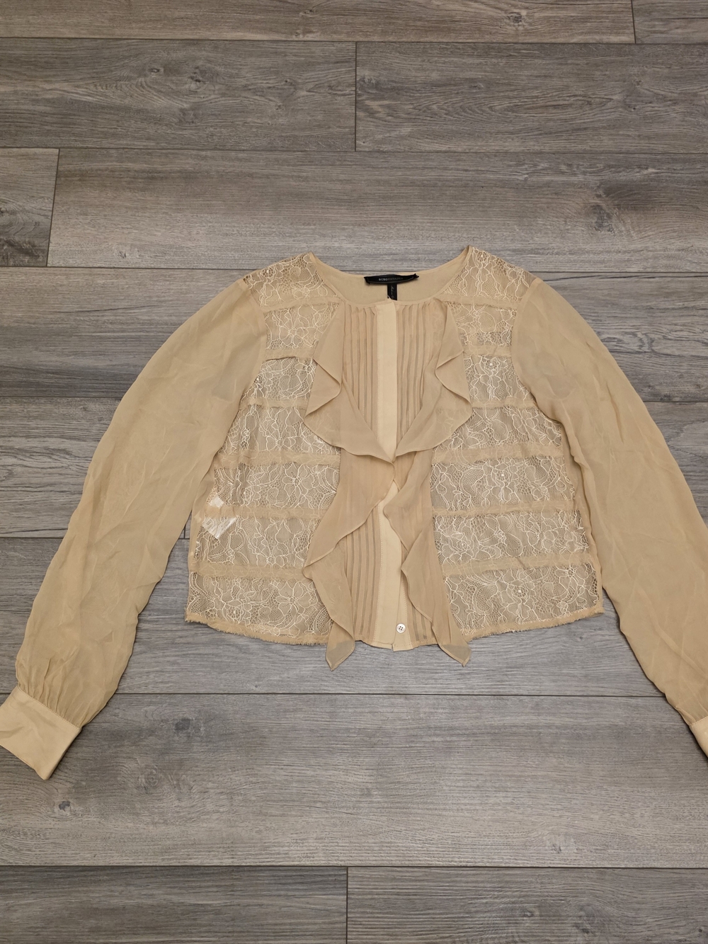 BCBGMaxAzria Beige Lace Ruffle Blouse